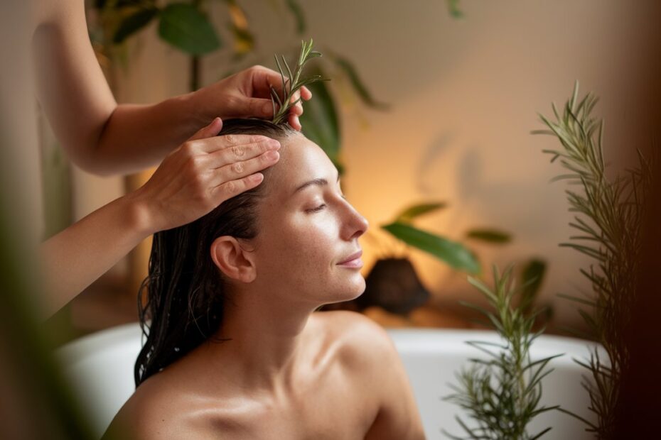 Natural remedies for hair loss including rosemary oil, pumpkin seeds, biotin supplements and aloe vera arranged on marble surface